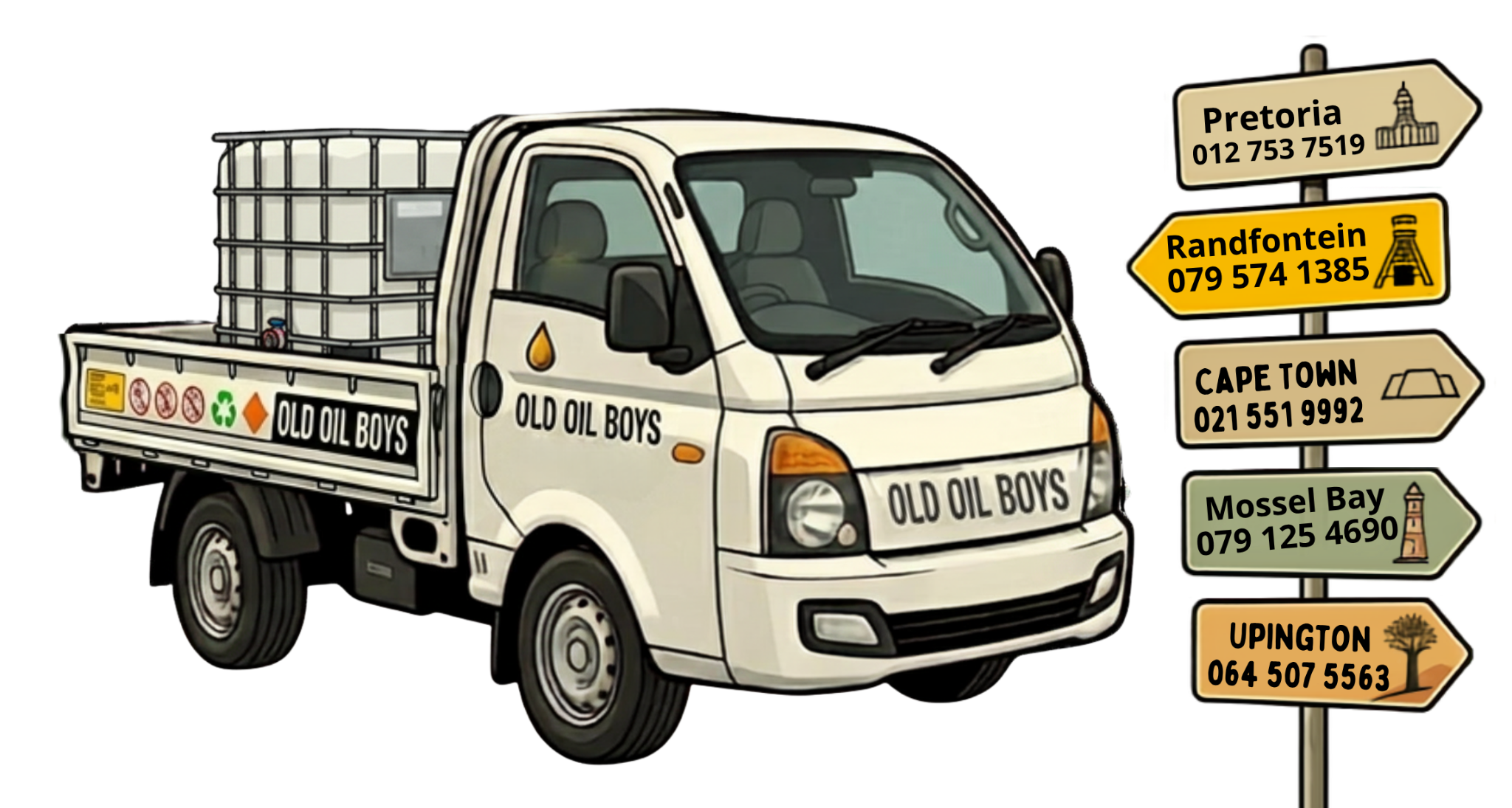 Old Oil Boys collection truck and five depot contact numbers